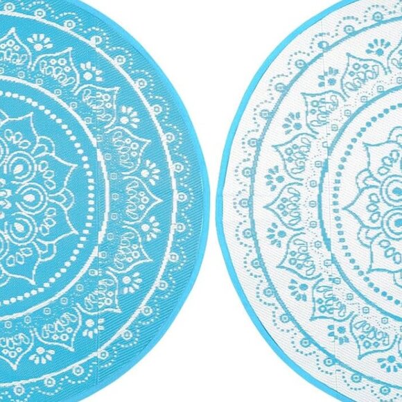 ROUND MANDALA PATIO RUG, NEW Woven Plastic Straw, Turquoise,  5' x 5' - Picture 1 of 8